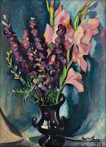 HAYLEY LEVER Still Life with Hollyhocks and Gladiolus.